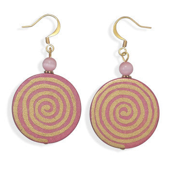 Wood and Glass Cat's Eye Gold Plated Fashion Earrings