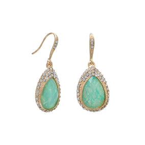 Gold Tone Fashion Earrings with Iridescent Green Drops and Crystal