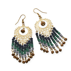 Gold Tone Multistrand Green Glass Bead Fashion Earrings