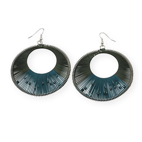 Large Round Fashion Earrings with Green Thread