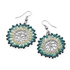 Round White and Teal Beaded Fashion Earrings