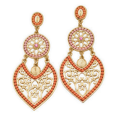 Ornate Gold Tone Fashion Earrings with Pink and Orange Beads