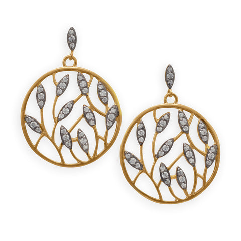 Leaf Design Gold Plated Brass and CZ Drop Earrings