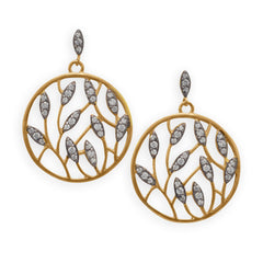 Leaf Design Gold Plated Brass and CZ Drop Earrings