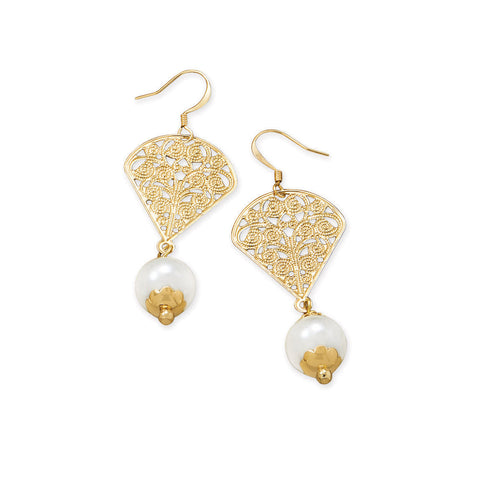 Gold Tone Fan Fashion Earrings with Glass Pearls