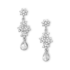 Silver Tone Floral Design Crystal Fashion Drop Earrings