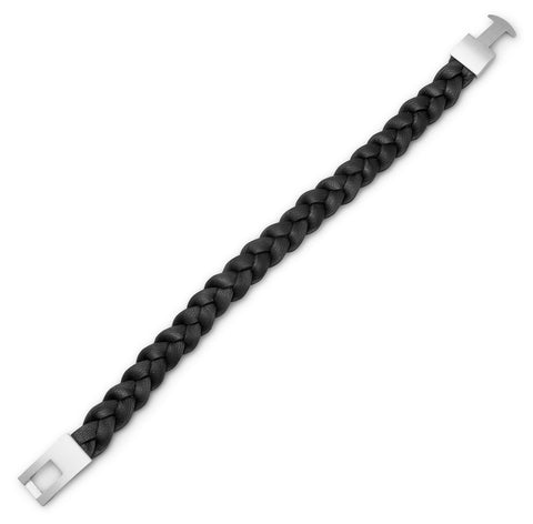 8.5" Braided Black Leather Bracelet with Stainless Steel Closure