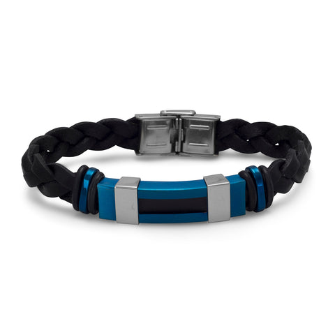 8.5" Black Leather Bracelet with Polished and Blue Matte Stainless Steel Accents