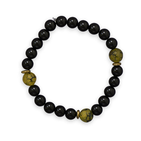 8" Black Onyx, Agate and Brass Stretch Bracelet
