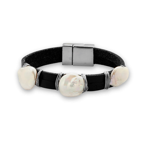 7" Black Leather Fashion Bracelet with Cultured Freshwater Coin Pearls