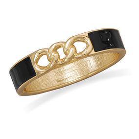 Gold Tone Link Fashion Bangle Bracelet with Black Enamel