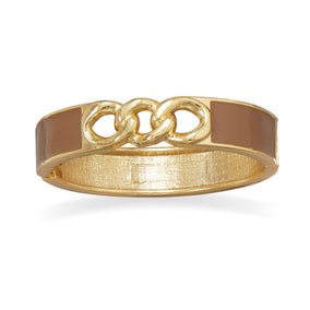 Gold Tone Link Fashion Bangle Bracelet with Taupe Enamel