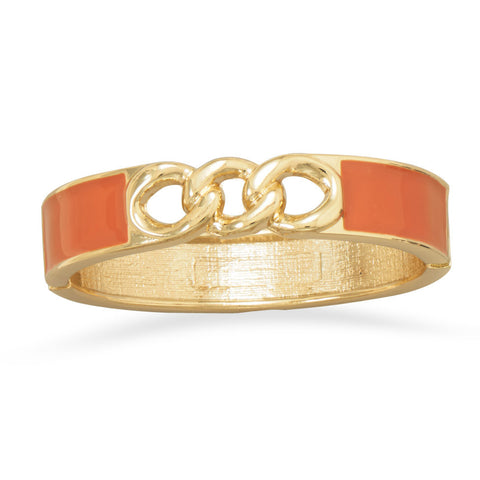 Gold Tone Link Fashion Bangle Bracelet with Orange Enamel