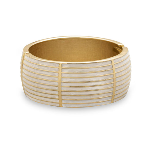 Gold Tone Lined Design White Pearlescent Fashion Bangle Bracelet
