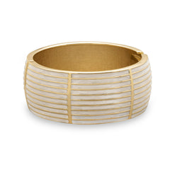 Gold Tone Lined Design White Pearlescent Fashion Bangle Bracelet