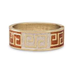 Orange and Tan Enamel Greek Key Design Fashion Bangle Bracelet