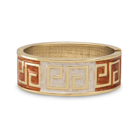Orange and Tan Enamel Greek Key Design Fashion Bangle Bracelet