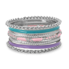 Set of 7 Silver Tone Fashion Bangle Bracelets with Blue, Pink and Purple Enamel