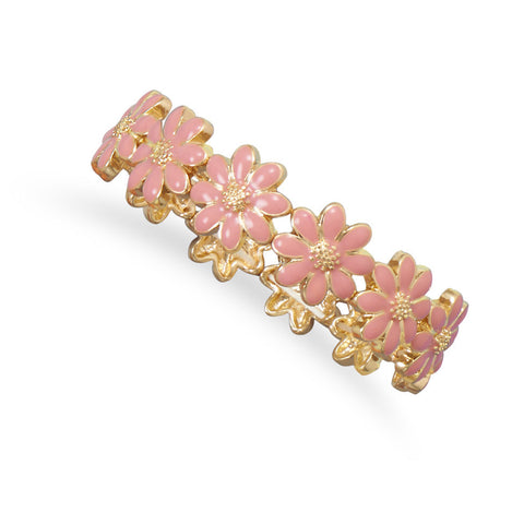 Gold Tone Fashion Stretch Bracelet with Pink Flowers