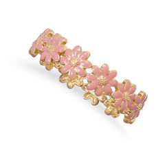 Gold Tone Fashion Stretch Bracelet with Pink Flowers