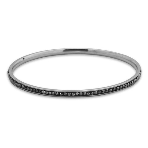 Thin Silver Tone Fashion Bangle Bracelet with Black Crystal