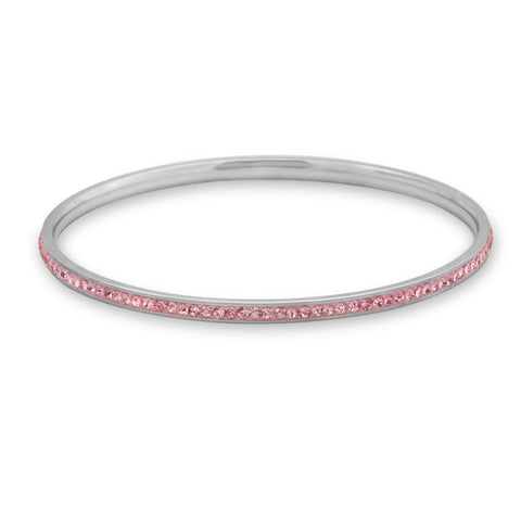 Thin Silver Tone Fashion Bangle Bracelet with Pink Crystal