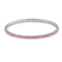 Thin Silver Tone Fashion Bangle Bracelet with Pink Crystal