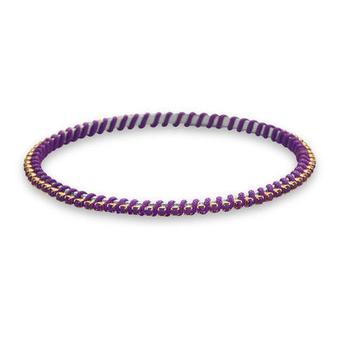 Two Tone Fashion Bangle Bracelet with Purple Crystal and Purple Thread Wrap