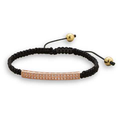 Adjustable Black Macrame Fashion Bracelet with Rose Tone CZ Bar