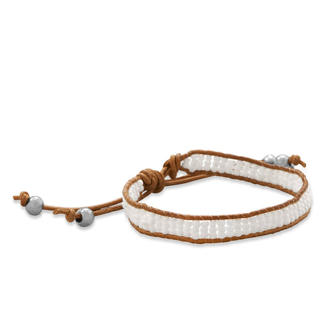 Tan Leather Fashion Bracelet with White Seed Beads