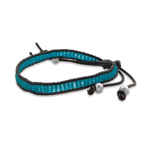 Black Leather Fashion Bracelet with Turquoise Blue Seed Beads
