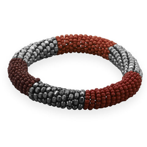 Red and Silver Tone Bead Spring Coil Fashion Stretch Bracelet