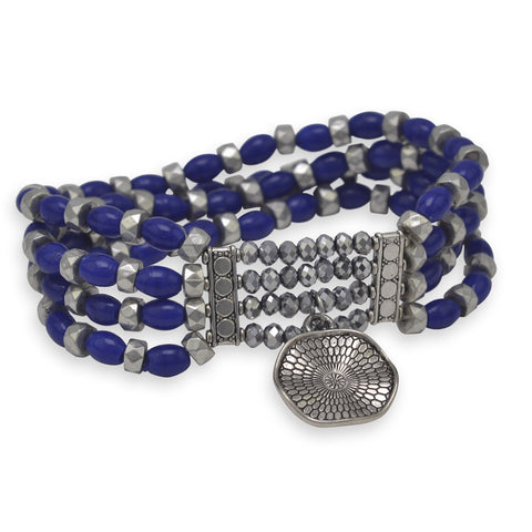 Four Strand Blue Glass Bead Fashion Stretch Bracelet