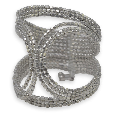 Cut Out Design Silver Tone Bead Flex Cuff Fashion Bracelet