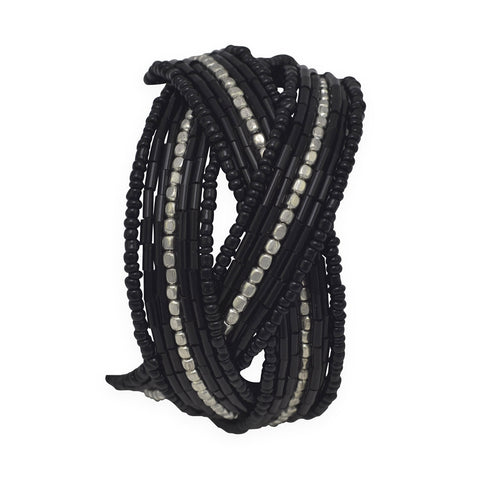 Black Glass Bead Flex Cuff Fashion Bracelet