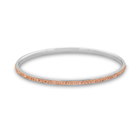 Thin Silver Tone Fashion Bangle Bracelet with Peach Crystals