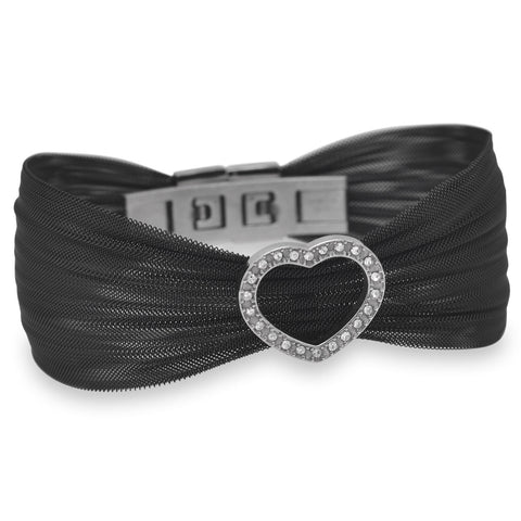 Black Tone Stainless Steel Mesh Bracelet with Open Crystal Heart