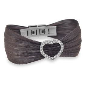 Chocolate Tone Stainless Steel Mesh Bracelet with Open Crystal Heart