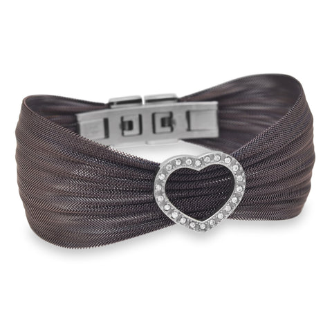 Chocolate Tone Stainless Steel Mesh Bracelet with Open Crystal Heart