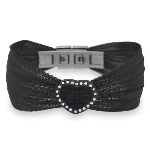 Black Tone Stainless Steel Mesh Bracelet with Open Crystal Heart