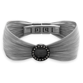 Stainless Steel Mesh Bracelet with Black Tone Open Crystal Circle