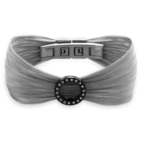 Stainless Steel Mesh Bracelet with Black Tone Open Crystal Circle