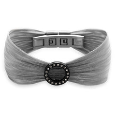 Stainless Steel Mesh Bracelet with Black Tone Open Crystal Circle