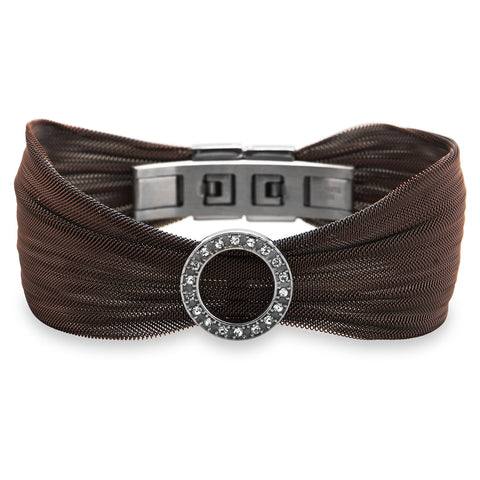 Chocolate Tone Stainless Steel Mesh Bracelet with Open Crystal Circle