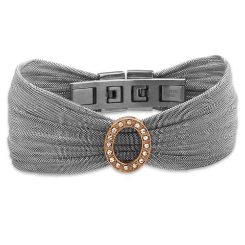 Stainless Steel Mesh Bracelet with Rose Gold Plated Crystal Oval