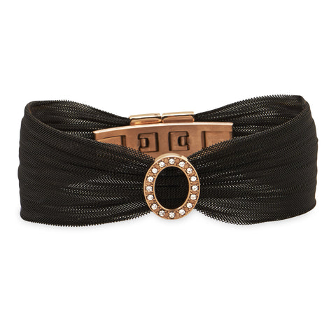 Black Tone and Rose Gold Plated Stainless Steel Mesh Bracelet with Open Crystal Oval