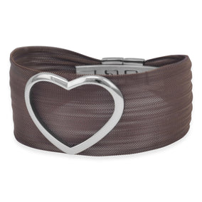 Bold Chocolate Tone Stainless Steel Mesh Bracelet with Open Polished Heart