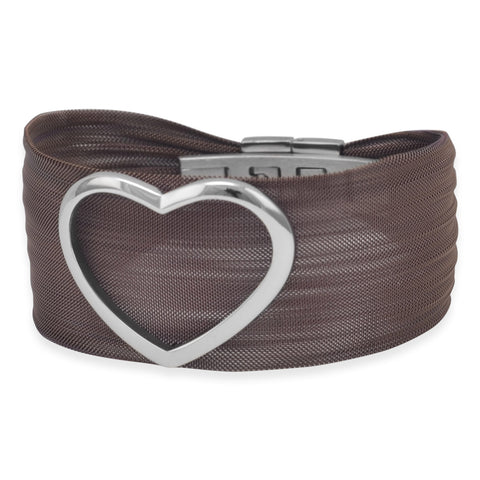 Bold Chocolate Tone Stainless Steel Mesh Bracelet with Open Polished Heart