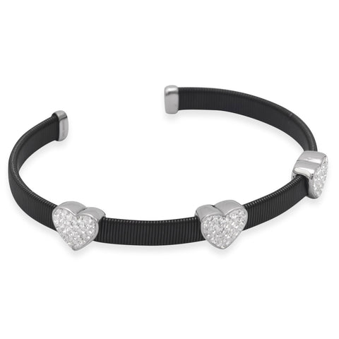 Black Tone Stainless Steel Crystal Heart Cuff Bracelet