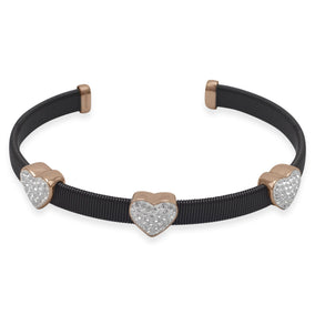 Black Tone Stainless Steel and Rose Gold Plated Crystal Heart Cuff Bracelet